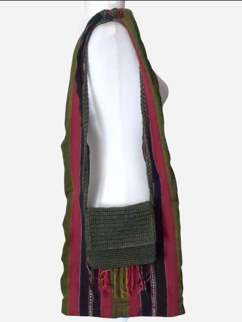 Vintage Boho Crochet Bag Bundle Olive Green Crossbody & Multicolor Striped Frin